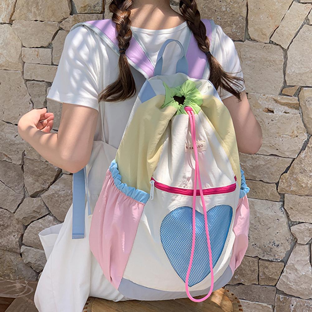 Korean Fashion School Bookbag Girls Color-Block Nylon Drawstring Rucksack Women Large Capacity Laptop Bag Travel Sweet Backpack