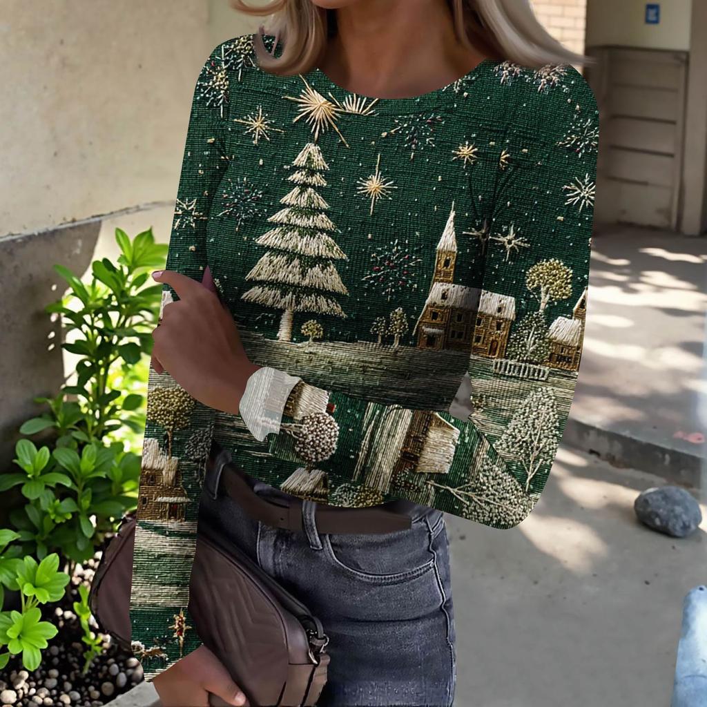 Women's  Slim Bottom T-shirt Fashion Casual Gradient Printing Round Neck Pullover Long Sleeve Top