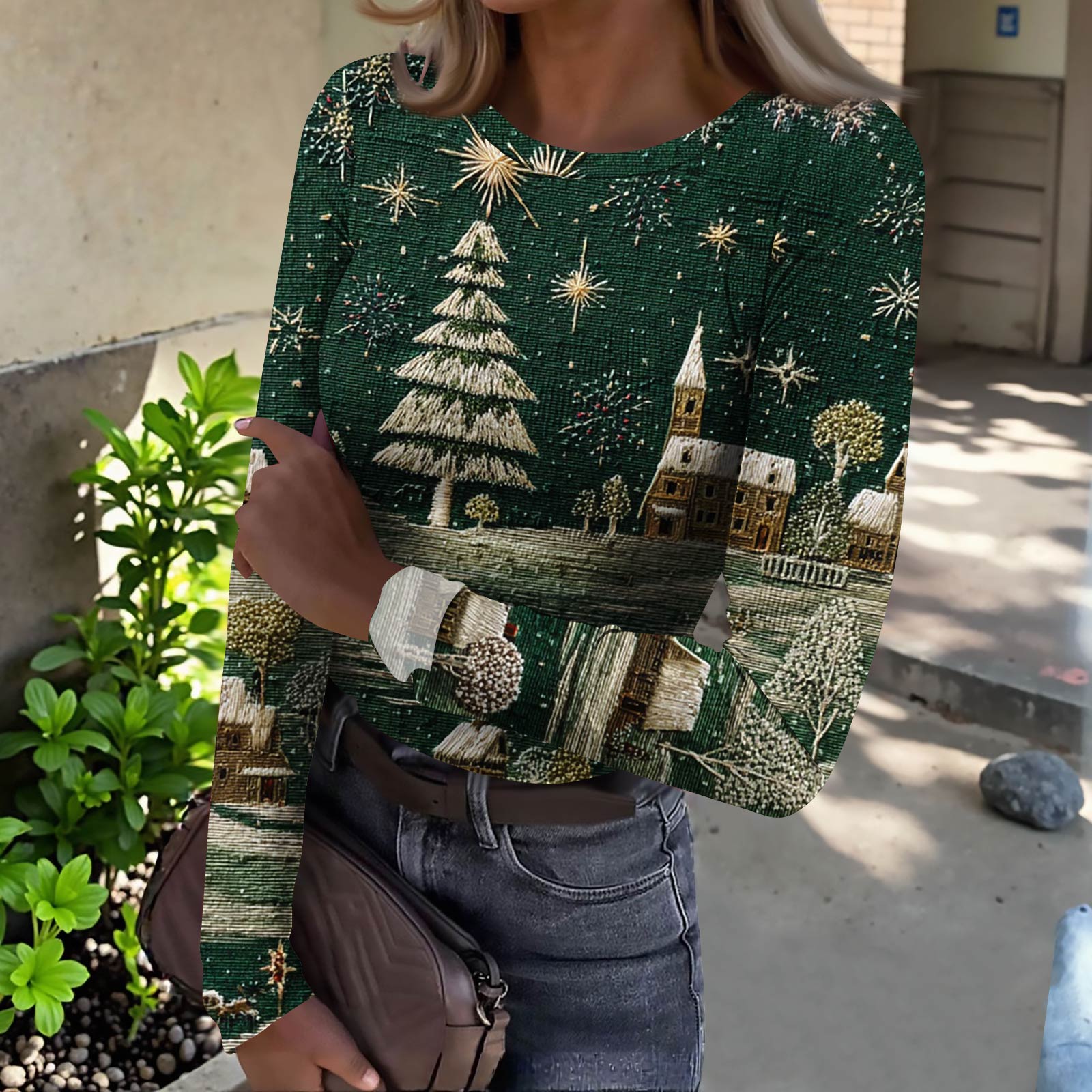 

Женская футболка с облегающим низом, модная повседневная с градиентным принтом, пуловер с круглым вырезом и длинными рукавами XXL