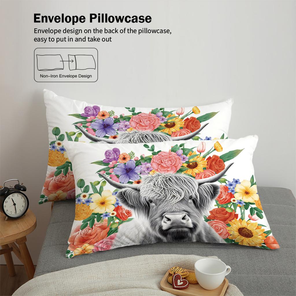 3-piece rural farm style cow flower pattern printed down duvet cover (1 duvet cover+2 pillowcases, no core) bedding set