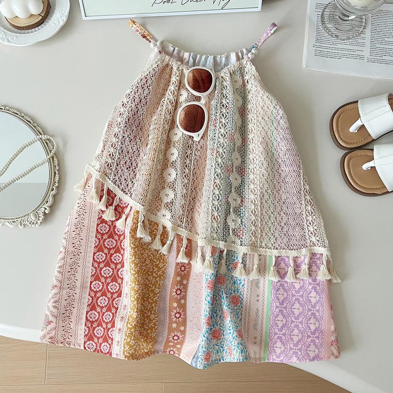 Girls Summer Spaghetti Strap Dress Backless Sleeveless Tassel Design Kids Fashion Casual Party Princess Sundress 90cm