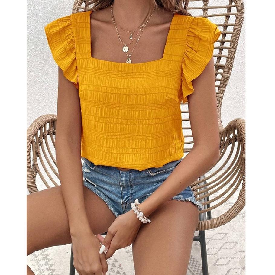 

Женская футболка Летняя Повседневная с коротким рукавом Весенне-летняя Новинка Квадратный вырез Рубашка с рюшами Топ XL жёлтый