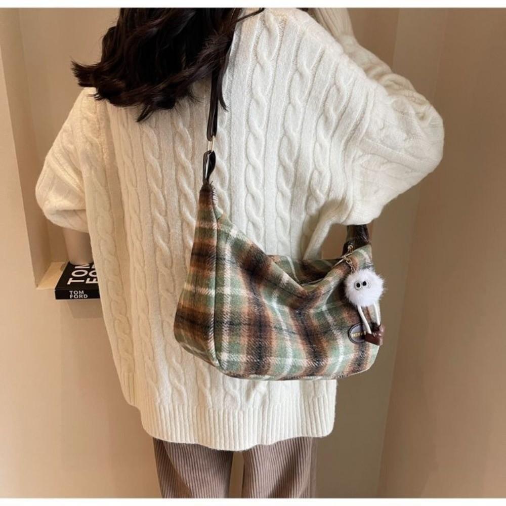Modna Torba Crossbody z Polarowego Materiału Wzór w Kratkę Zamek Błyskawiczny Torba Podręczna Duża Pojemność Koreański Styl Torby na Ramię Codzienne Użycie