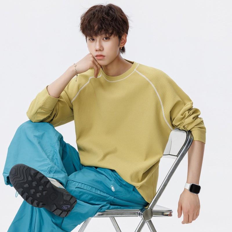 Mens Waffle Knit Long Sleeve T-Shirt Casual Sports Color Block Round Neck Top