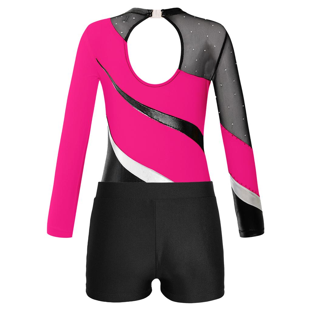 Kids Girls Long Sleeve Gymnastic Leotard with Shorts Athletic Dance Unitards Performance Competition Costume