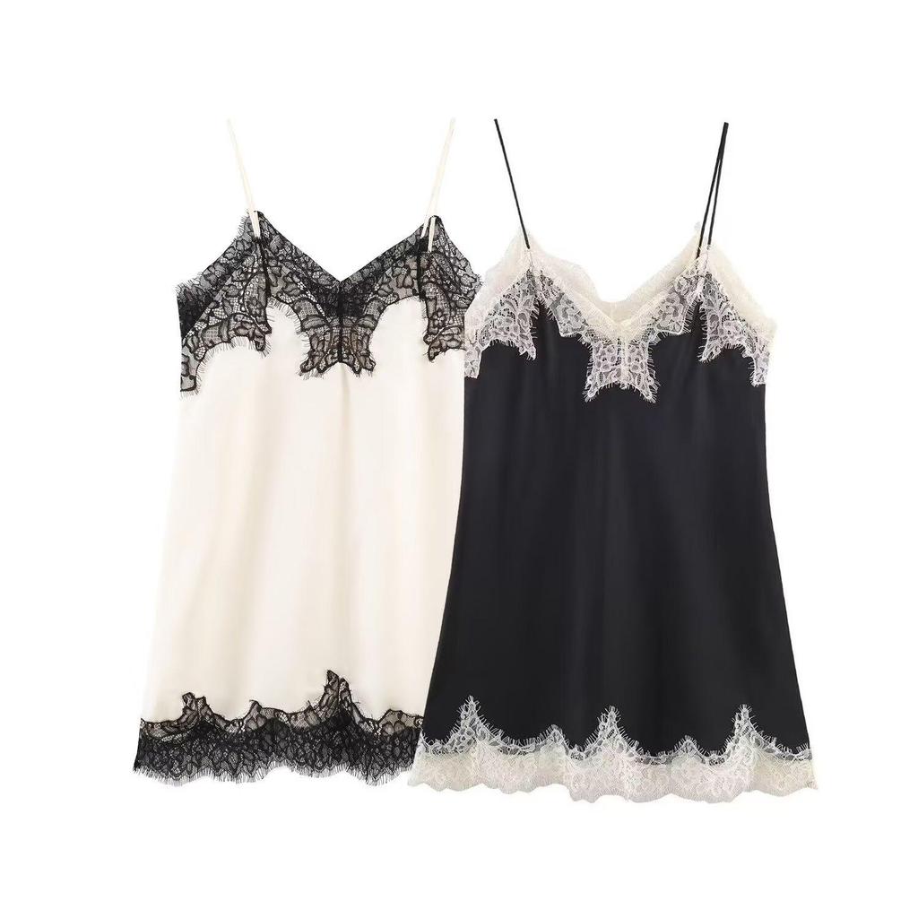 European-American Style Women's Satin Lace Camisole - Autumn 2025 Collection, Color Block Design