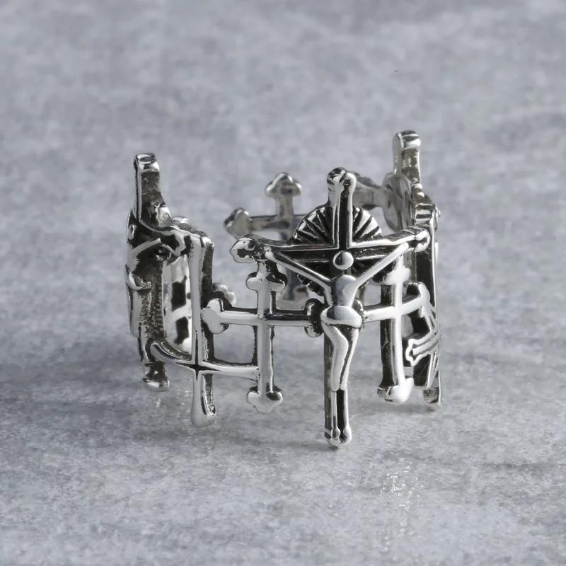 Retro Silver Color Jesus Cross Adjustable Ring for Women Fashion Vintage Men Finger Opening Ring Punk Party Jewelry Gift