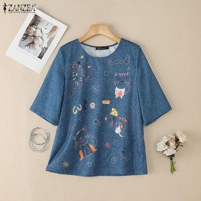 Women Casual Round Neck Loose Print Half Sleeve Blouse