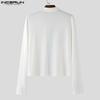 INCERUN Men Lapel Neck Long Sleeve Stitching Slightly Casual Fitted Cropped Tops Undershirts
