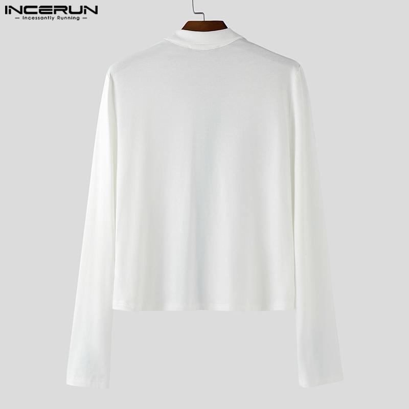INCERUN Men Lapel Neck Long Sleeve Stitching Slightly Casual Fitted Cropped Tops Undershirts