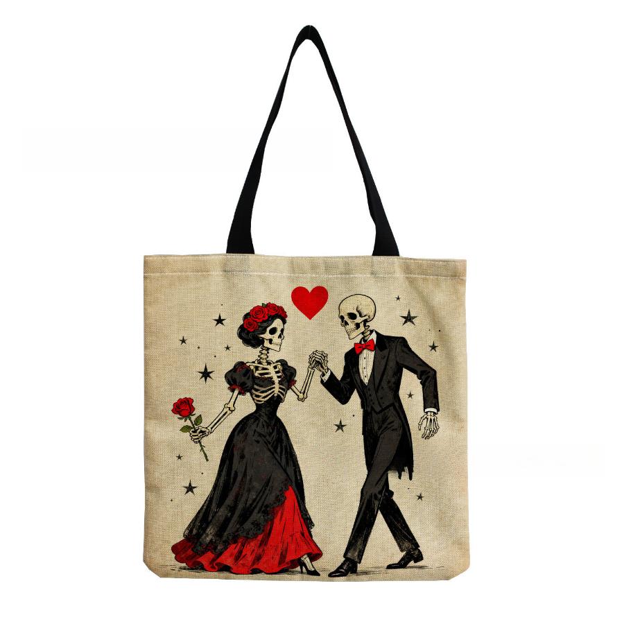 Women Vintage Linen Tote Bag - Large Capacity Skeleton Print Shoulder Handbag for Casual & Grocery Shopping KTB