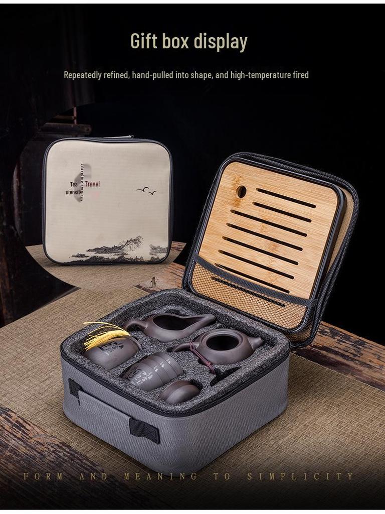 Portable Purple Clay Xishi Teapot Set with Leather Bag and Tea Tray for Home, Travel, or Business