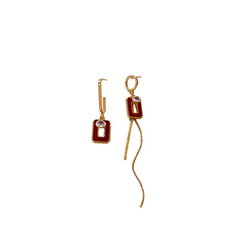 Silver Needle Dripping Oil Circle Square Asymmetrical Earrings Simple Trend Long Earrings Retro French Earrings Women
