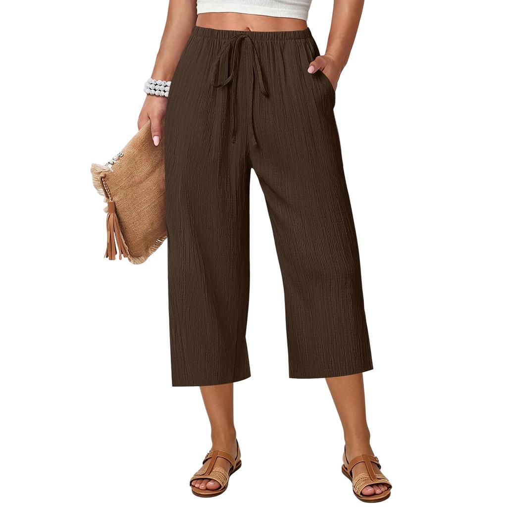 Women Drawstring Waist Wide Leg Pants Loose Fit Cropped Trousers Lightweight Elastic Waistband Casual Style