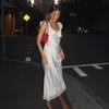 Lace Hollow Satin Long Dress Women Satin Sexy Off Shoulder Ruffle Slit Maxi Dresses Party Club Elegant Evening Dress
