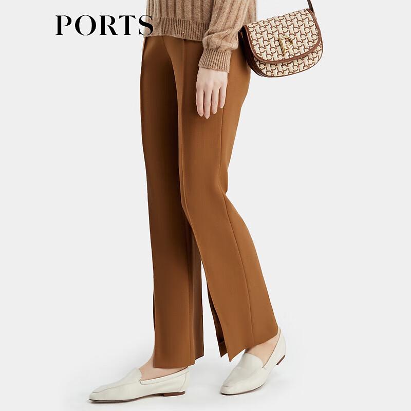 PORTS Women's Caramel Brown Slit Straight Leg Trousers