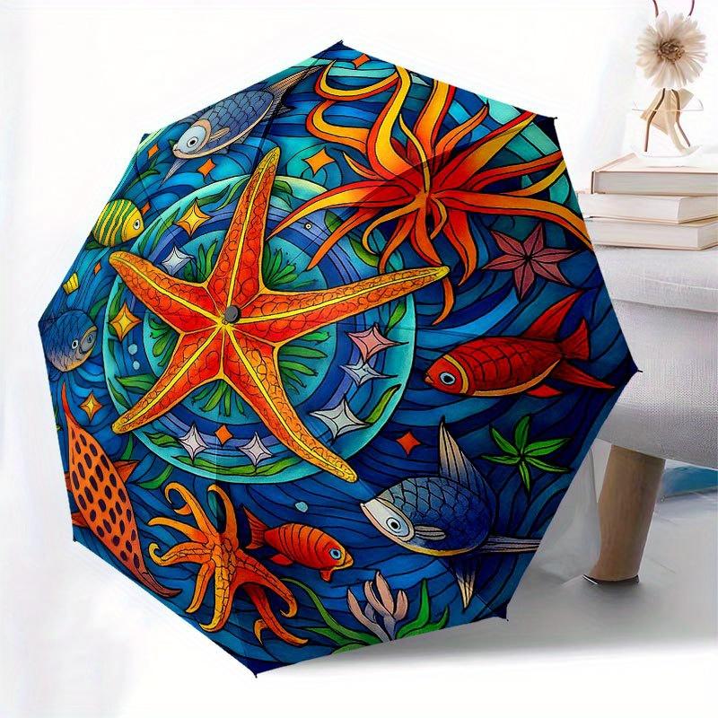 Underwater Paradise: Vibrant Sea Life Stained Cute Window Panel Umbrella, Cute Umbrella with Cute Design, Portable 3-Fold Compact Umbrella for Men & W