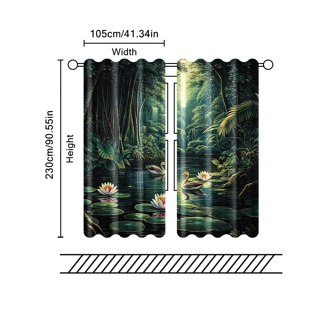 2 Pcs, Filtering Curtains (excluding Rods, Non-movable, Without Batteries) A Duck Resting Quietly by the Pond for Use In