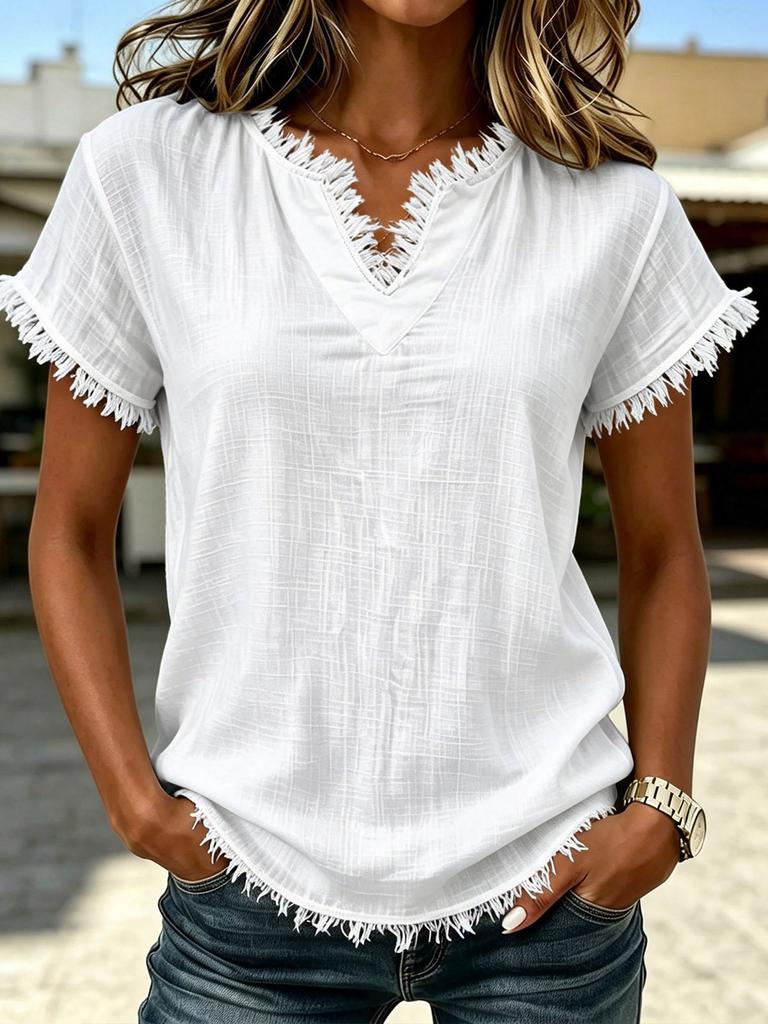 Womens Retro Casual V Neck Fringe Short Sleeve Solid Color Loose T Shirt Top