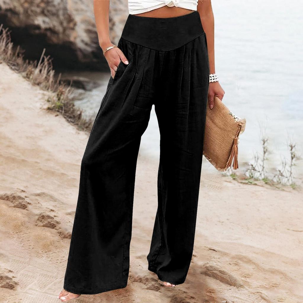 Summer Cotton Linen Wide Leg Pants Women Loose Palazzo Pant Pocket Elastic Waist Casual Pants