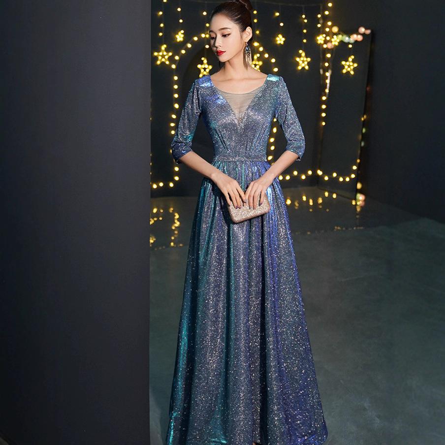 Blue Banquet Evening Dress Skirt Women's High-end Light Luxury Niche High-end Adult Ceremony Host Performance Dress