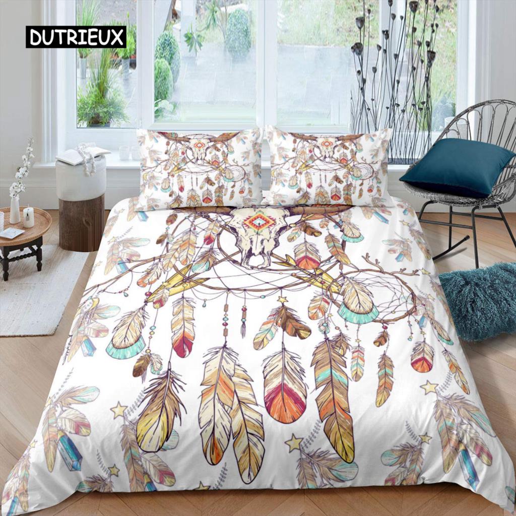 Stierschädel Bettbezug Set Boho Chic Feder Bettwäsche Set Böhmisch Exotische Zweige Blume für Teenager Mikrofaser King Steppdeckenbezug