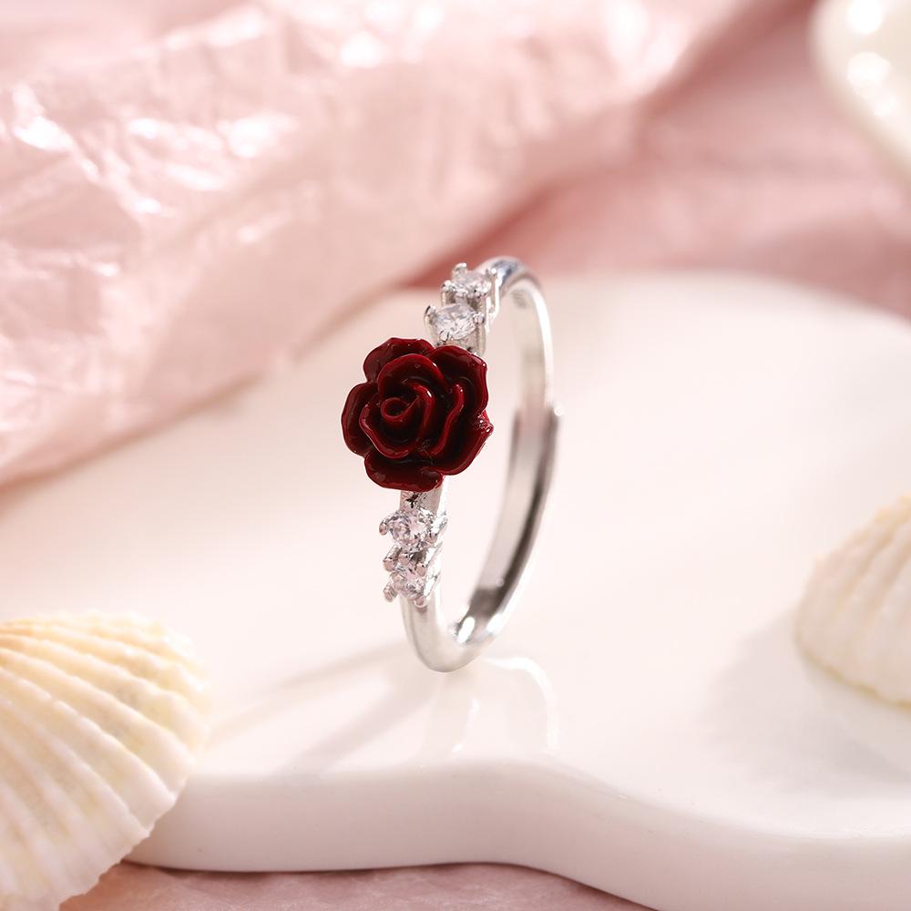 Red Rose Cinnabar Camellia Diamond Ring: Unique Birthday Gift for Girlfriend