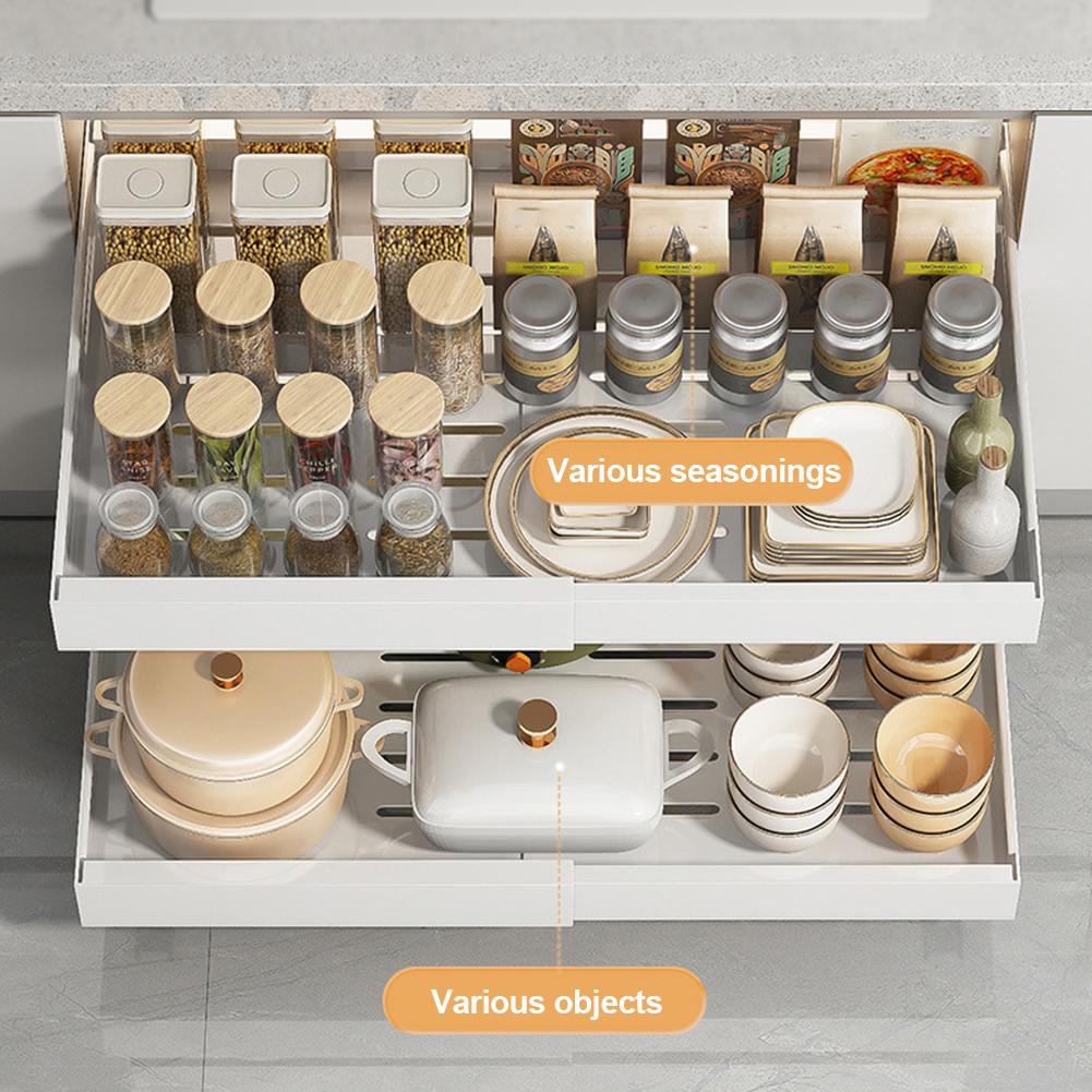 2 Pack Pull-Out Kitchen Storage Rack Tray Organizer Kitchen Storage Rack Cabinet Slide Out Expandable Under Sink Spice Drawer