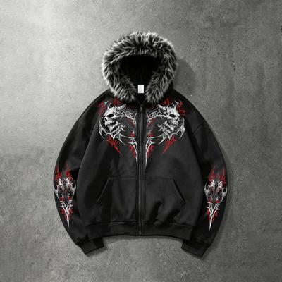 Men's Fleece-Collar Hooded Full-Zip Sweatshirt Jacket, Printed Cropped Zip-Up Hoodie, Oversized Heavyweight Fleece Streetwear Jacket (Unisex)