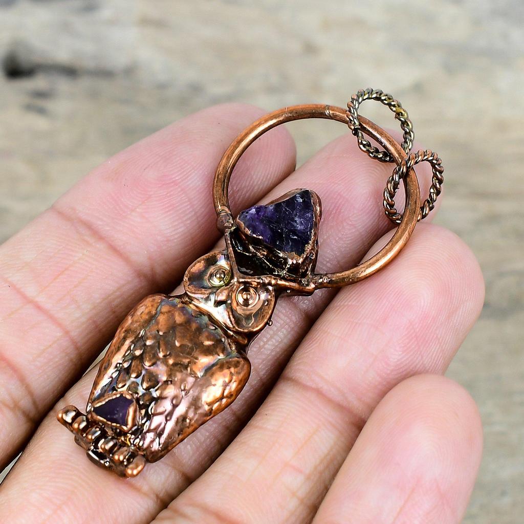 African Amethyst Rough Gemstone Pendant Electroformed Copper Jewelry Owl Pendant Handmade Jewelry Electroformed Copper Pendant Gifts for Mom
