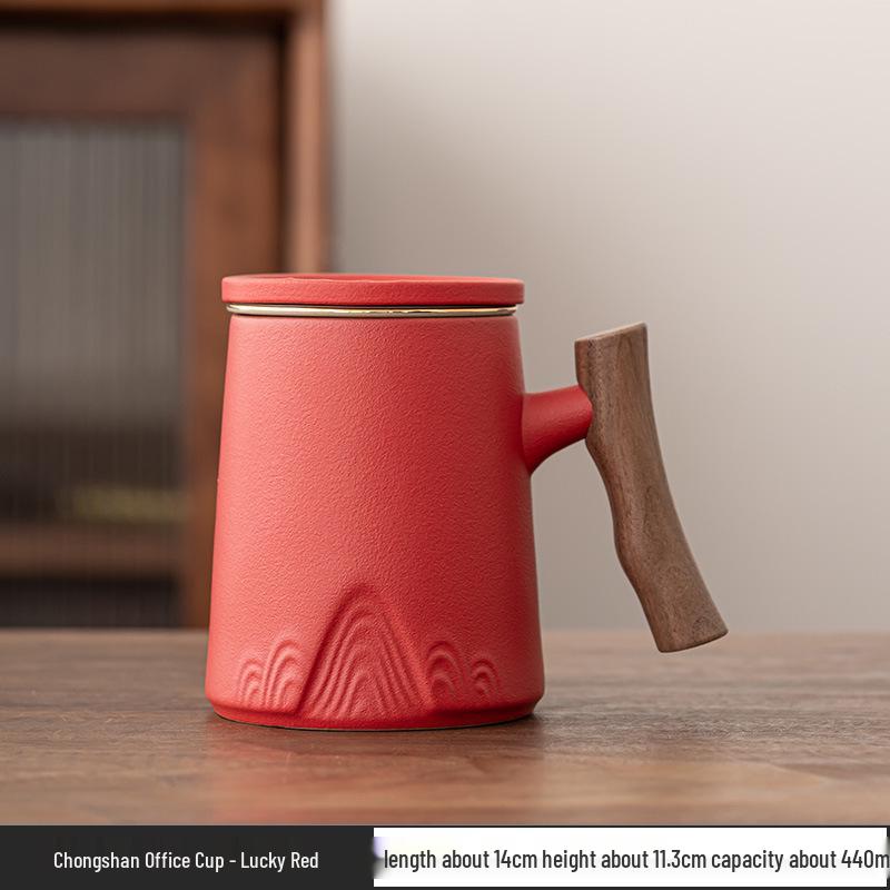 Ceramic Tea Cup with Water Separation, Large Capacity, All-Ceramic Filter, Walnut Wood Handle, Customizable Logo.