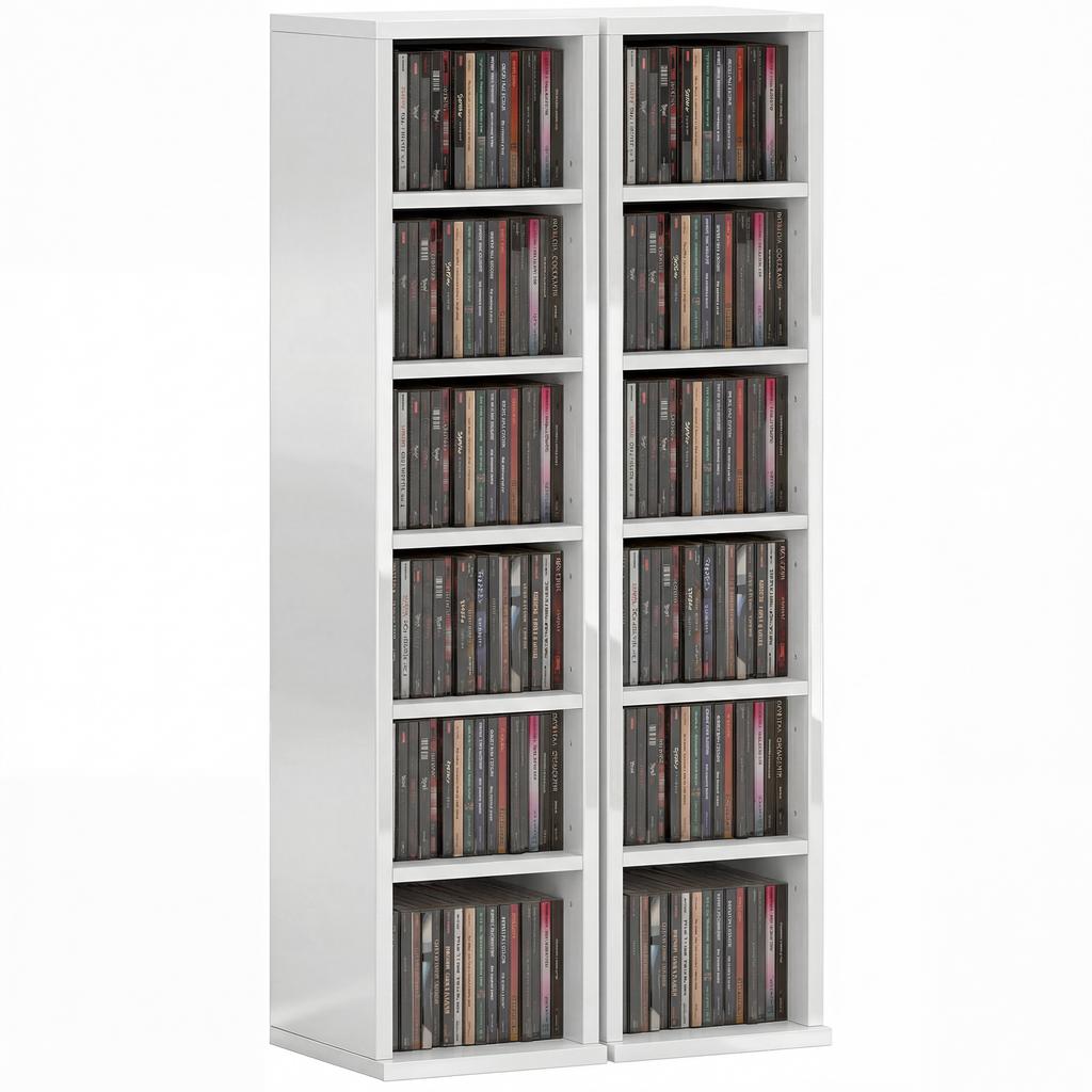 Set of 2 CD Media Display Shelf Unit Tower Rack with Adjustable Shelves, High Gloss White