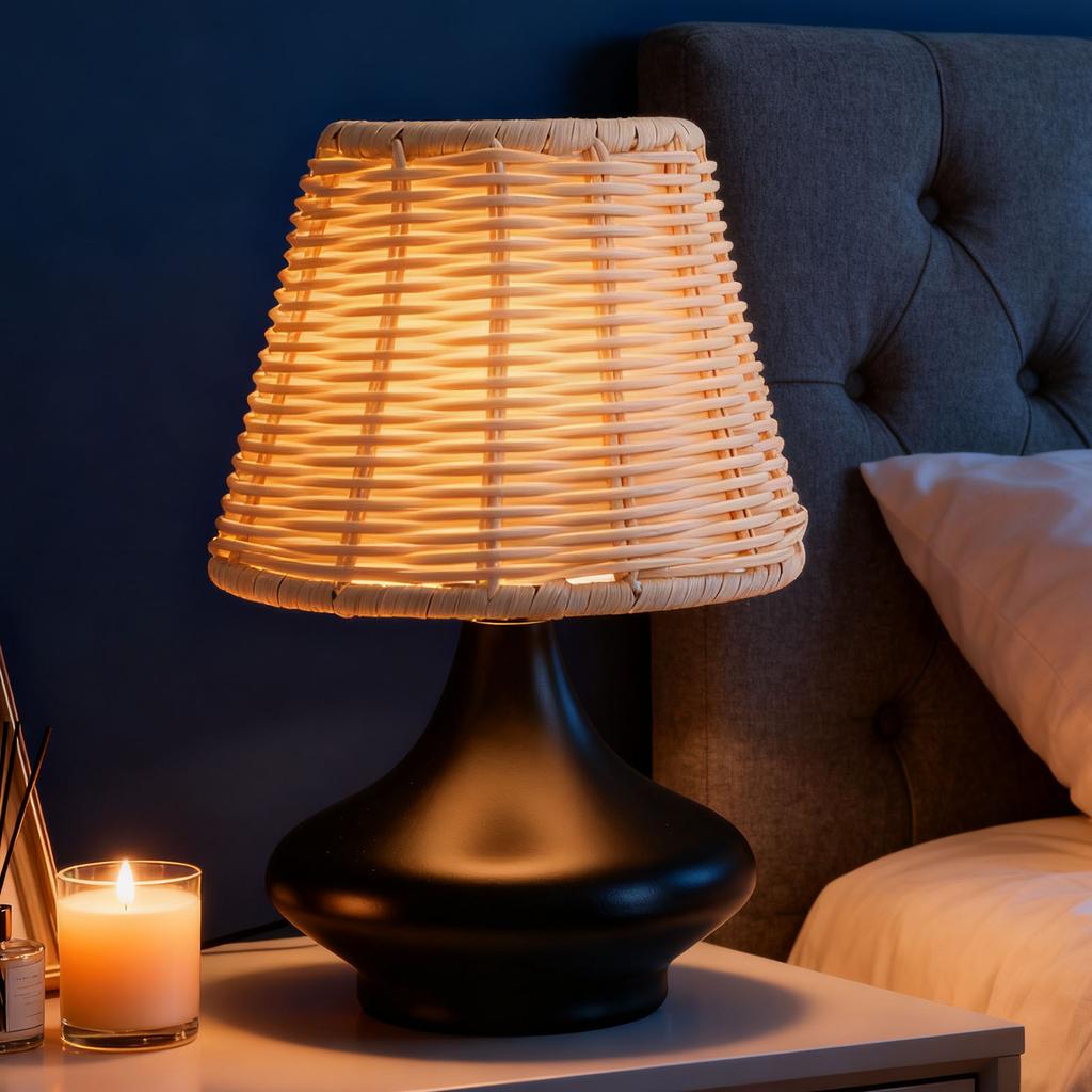 Rattan Nachttischlampe Vintage   Bambusoideae Gewebte Beistelltischlampe für Schlafzimmer Wohnzimmer