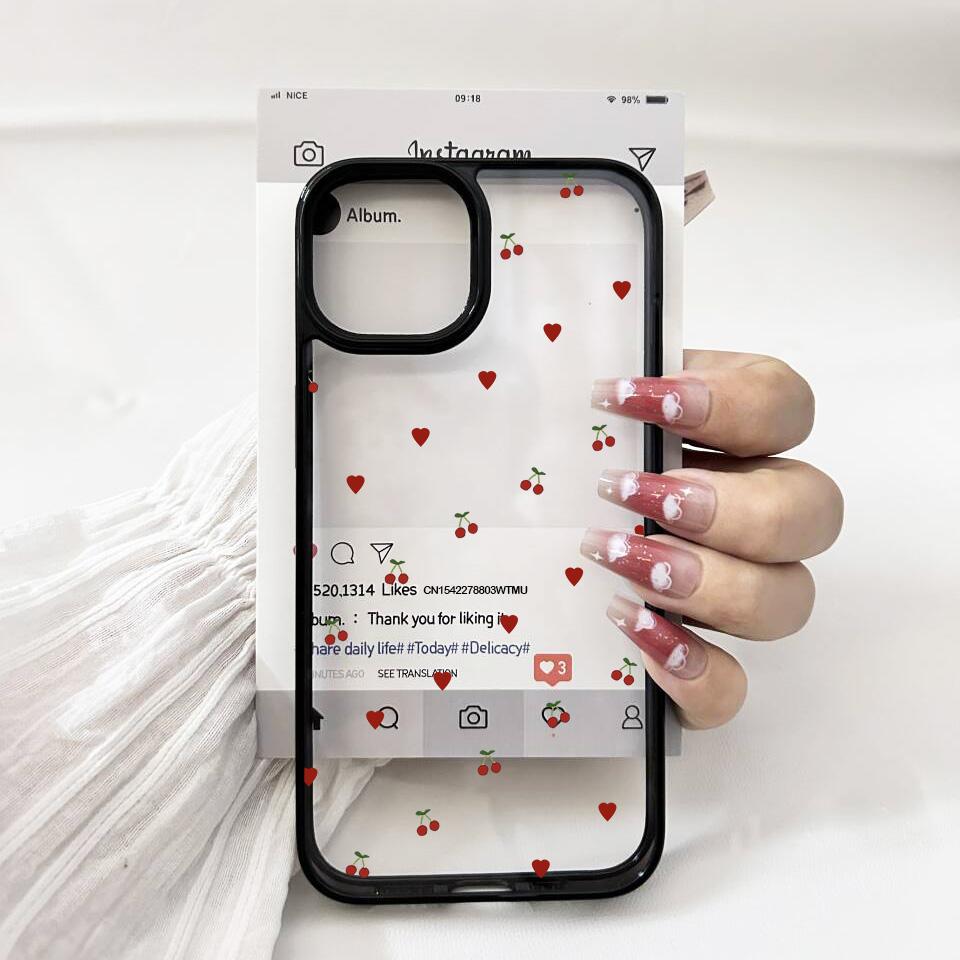 INS Korea Cute Cherry Love Heart Phone Case For iPhone 14 15 16 17 11 12 Mini 13 Pro Max XS XR 7 8Plus Transparent Hard Cover