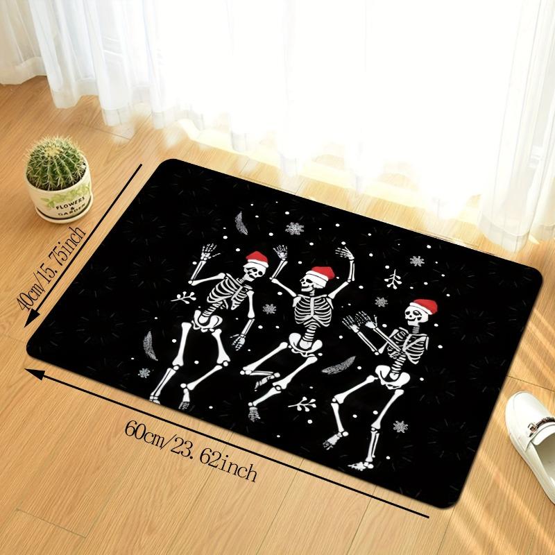 Festive Skeleton Rave Christmas Doormat Soft Flannel with Non-Slip Backing Absorbent Indoor Mat Home Entrance Holiday Decor Mat