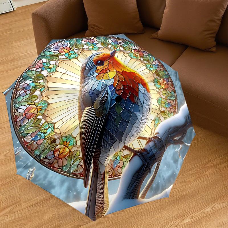 1 Stück Buntglasvogel Automatischer Öffnungs-/Schließschirm mit winddichtem, stabilem 8-Rippen-Schirmdach, Langlebige Rippen, Modisches Design, Outdoor-Accessoire, Lustiges Prin