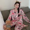 Pajamas Women's Satin Long-sleeved Pajamas Pajamas Suit Flower Printed High-grade Ice Silk Can Be Worn Outside Home Wear Pajamas