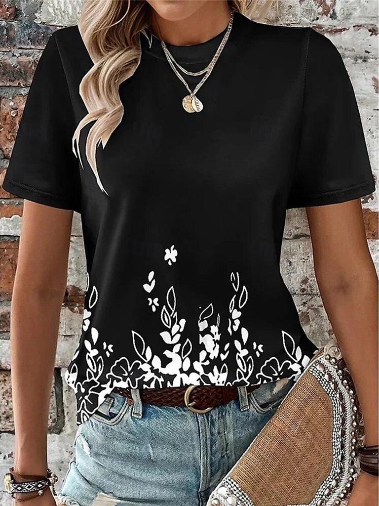 Women's Floral Geometric Graphic T Shirt, Crew Neck Short Sleeve Casual Daily Tops in Black White for Spring & Summer