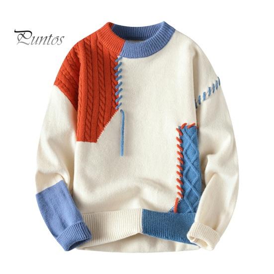 

Осень-зима мужской свитер с цветными блоками, срезами, с круглым вырезом, свободный вязаный пуловер, толстый теплый свитер с низом, повседневная одежда, работа, свидание, свитер M оранжевый