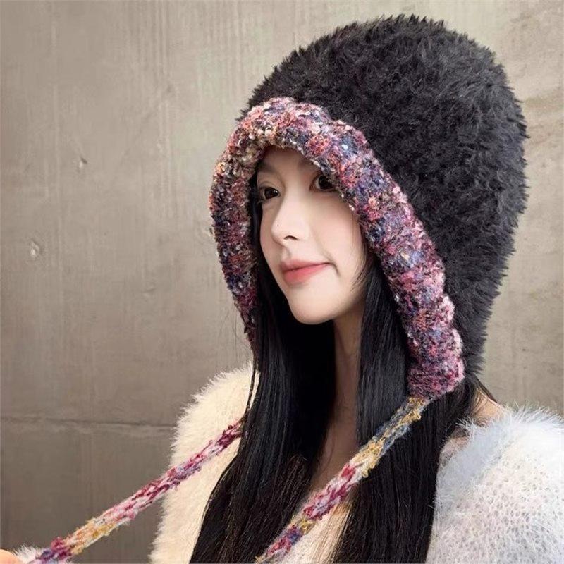 Handgefertigte gestrickte Plüschmütze für großen Kopfumfang mit freiem Gesicht, kleine Mütze, Damen-Wollmütze, thermische Ohrenschützmütze, kann auch eine Schirmmütze sein