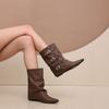 Autumn and winter new large size women's mid-tube leather boots pointed stacking boots belt buckle design fashion short boots