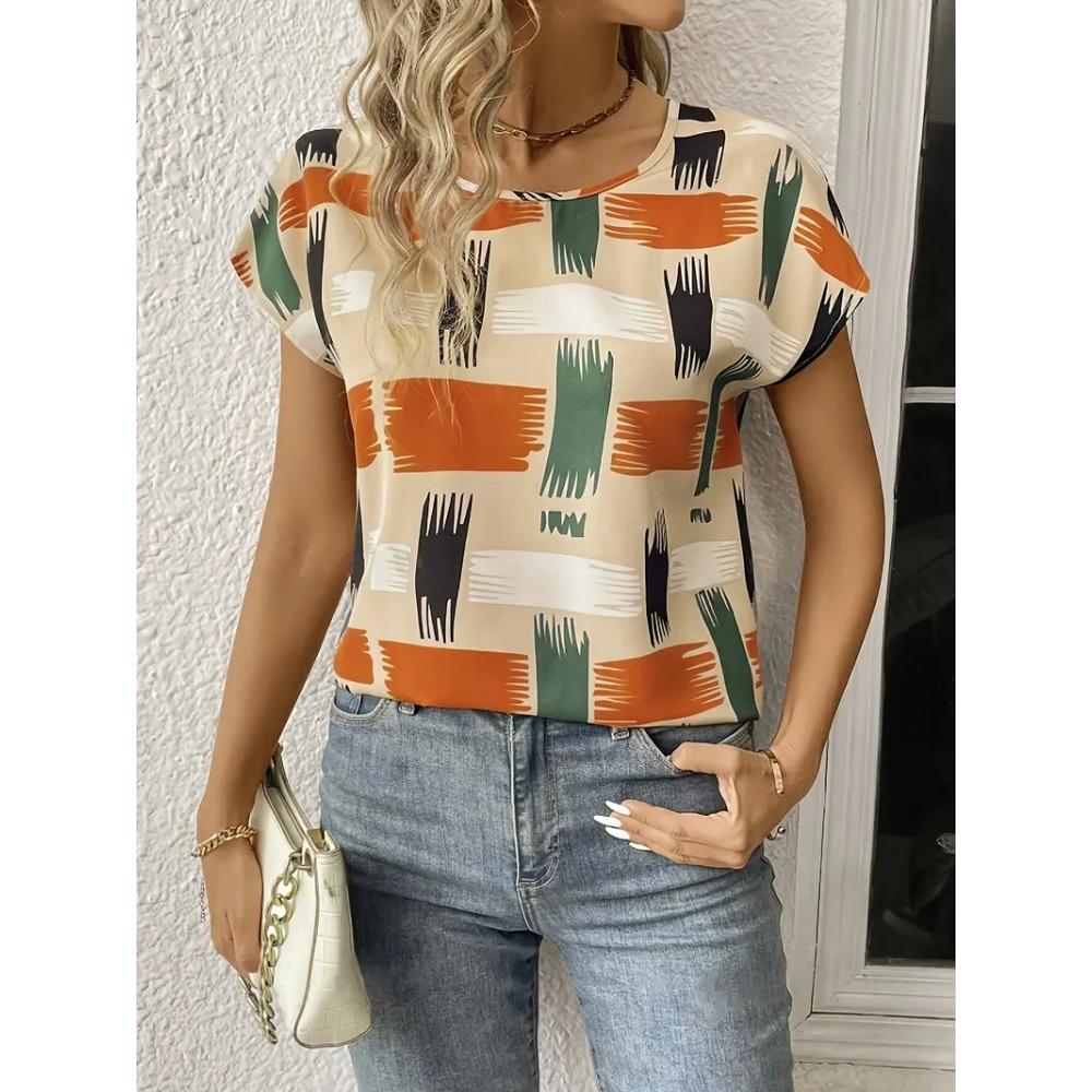 Classic women's striped printed round neck short sleeved shirt