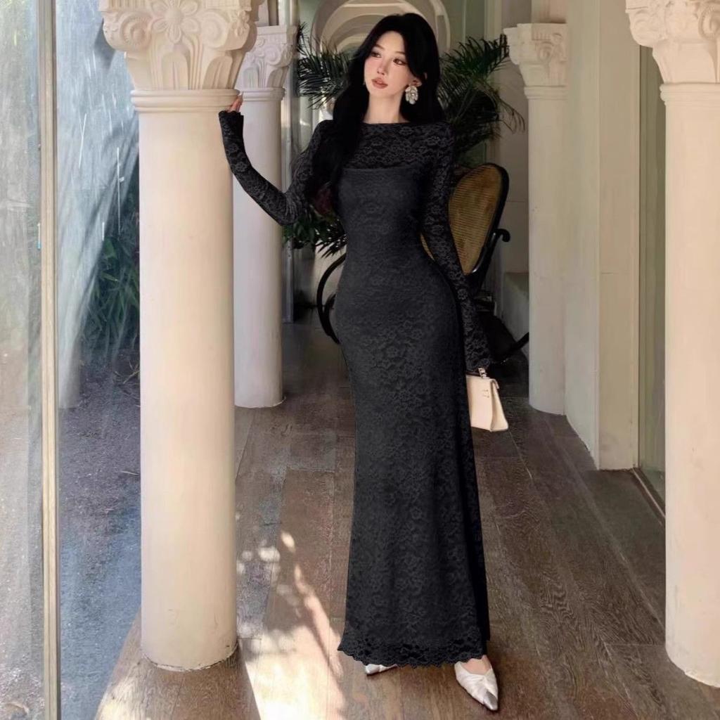 Horn Sleeve Lace Dress with High-end Feel Slim Fit and Waist Cinching Long Skirt