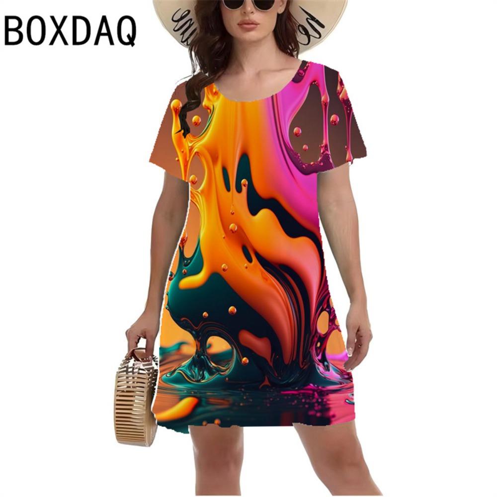Women's Color Gradient Ink Printing Dress Short-sleeved Casual A-line Dress Summer Fashion Loose Mini