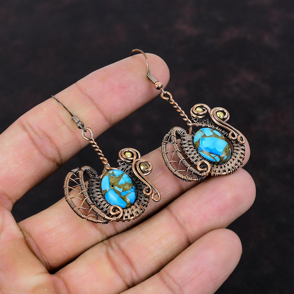 Copper Blue Turquoise Earring Copper Wire Wrapped Earring Gemstone Earrings Copper Jewelry Handmade Earring Wire Wrap Jewelry Gift For Women