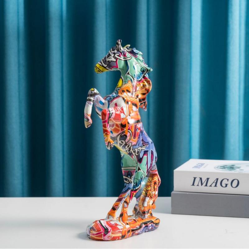 Resin Graffiti Horse Statues Animal Model Figure Modern Art Handicrafts Chinese Fengshui Figurines for Interior Home Decoration
