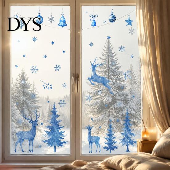 Blue Christmas Theme Party Supplies Watercolor Window Sticker, Non Adhesive Elk Snowflake Tree Removable PVC Holiday Decorations Wall Decal,