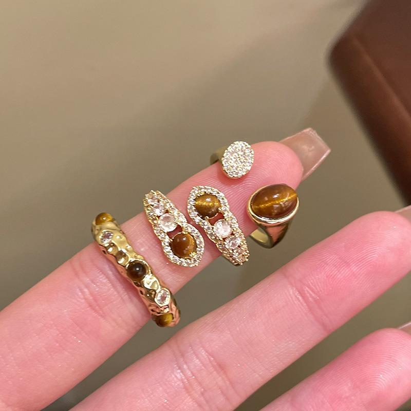 Vintage zircon tiger's eye stone round open ring Maillard style index finger ring fashion niche design ring woman