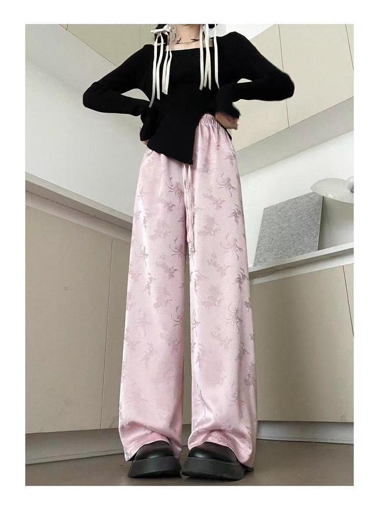 Chinese National Style 2024 Women's Wide-Leg Jacquard High-Waisted Satin Pants
