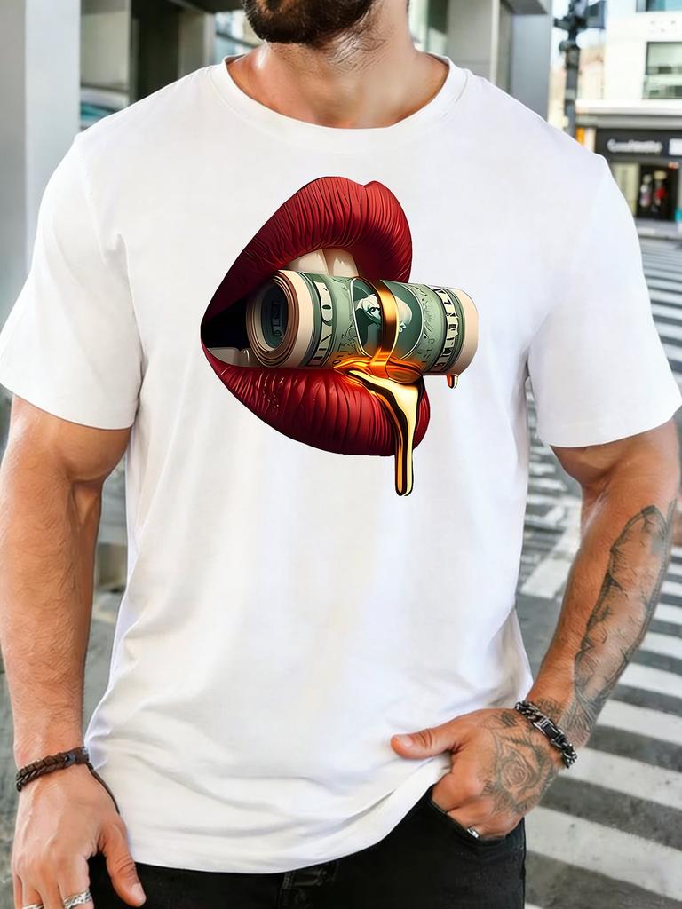 Unisex Crew Neck Tee Red Lips Bite Dollar Bill Trendy Art Graphic Print Short Sleeve Top Summer Loose Soft Casual Basic Daily Wear